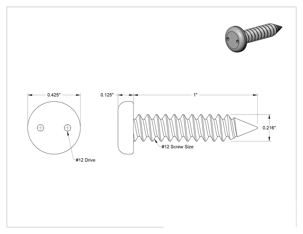 Teknik Çizim - Delikli Anahtarlı Yuvarlak Başlı Vidalar, Sac Metal için, 18-8 Paslanmaz Çelik, 12 Numaralı Boyut, 1" Uzunluk