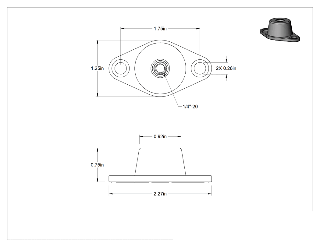 Teknik Çizim - Arıza Emniyetli Titreşim Sönümlemeli Cıvatalı Montaj, Yağa Dayanıklı Buna-N, 1/4"-20 Diş Boyutu, 87 lbs. Kapasite