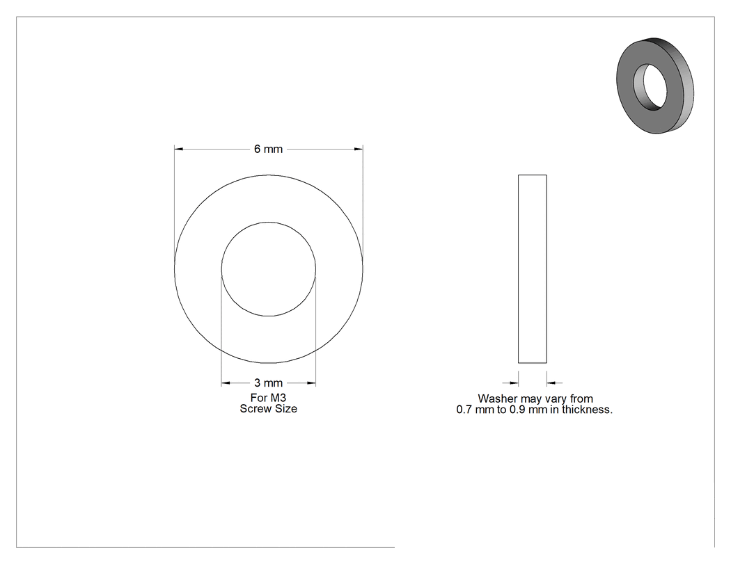 Teknik Çizim - Büyük Boy Çelik Pul, M3 Vida Boyutu için, 3.0 mm İç Çap, 6.0 mm Dış Çap