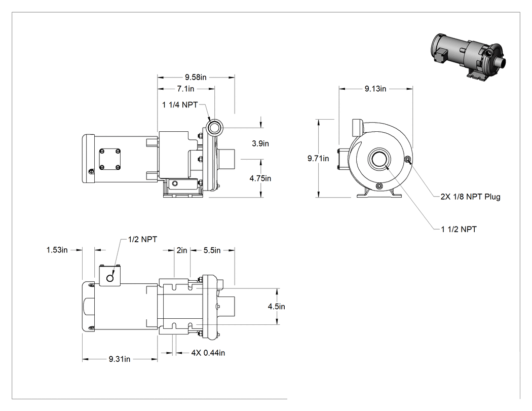 Teknik Çizim - Sıcak Yağ için Sirkülasyon Pompası, 240/460V AC, 1 hp