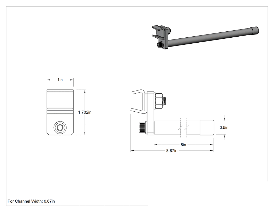 Teknik Çizim - Konveyör Kılavuzu için Alüminyum Kelepçeli 8" Uzunlukta Katı Montaj Çubuğu