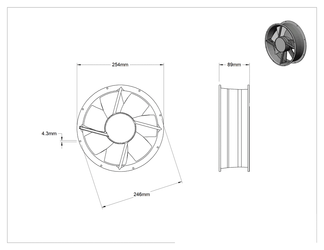 Teknik Çizim - Dalgıç Ekipman Soğutma Fanı, Yuvarlak, 120V AC, 254 mm Çap, 1000 CFM Hava Akışı