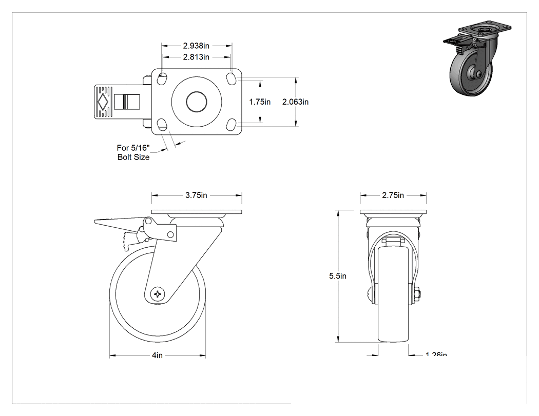 Teknik Çizim - 3-3/4" x 2-3/4" Plakalı Parlak Yüzeyli Tekerlek, Tam Kilitli ve 4 inç Çapında Naylon Tekerlekli Döner