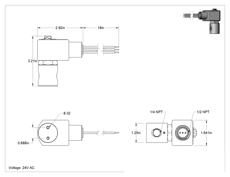 Teknik Çizim - Pirinç Gövdeli Kompakt Solenoid Açma/Kapama Vanası, Tel Bağlantıları, Kapalı, 24V AC, 1/4 NPT Dişi