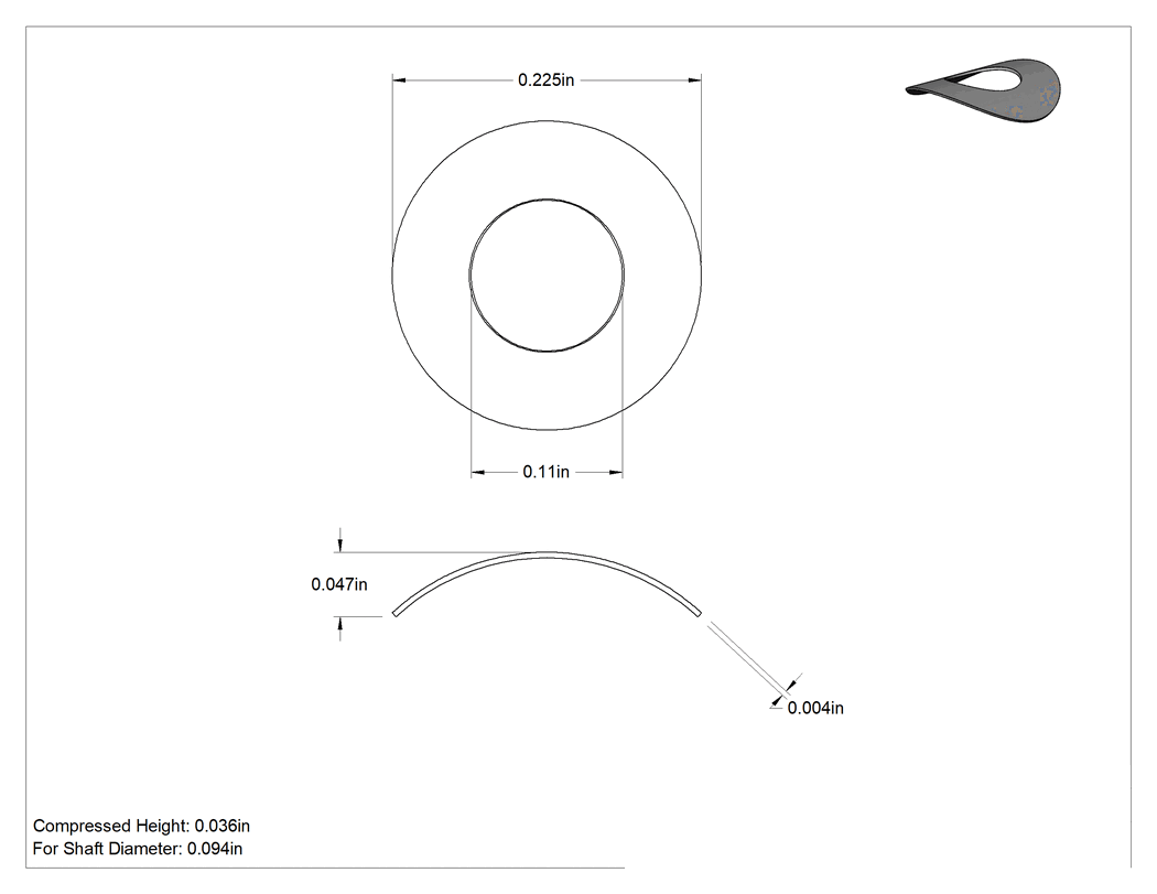 Teknik Çizim - Paslanma ve Aşınmaya Dayanıklı Kavisli Disk Yaylar, 3/32" Mil Çapı için, 0.110" İç Çap, 0.225" Dış Çap, 0.0040 inç Kalınlık
