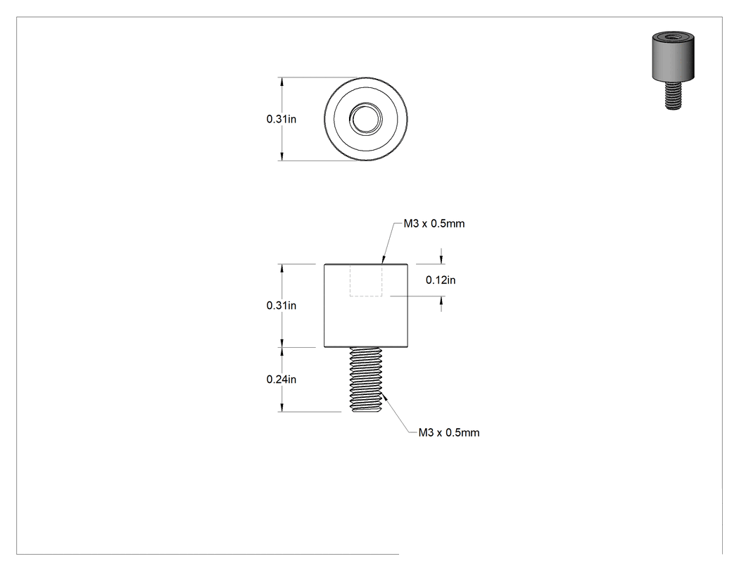 Teknik Çizim - Doğal Kauçuk Titreşim Sönümleyici Sandviç Montaj, M3 x 0.5 mm Çinko Kaplı Çelik Saplama ve Çelik Ek Parça, 19 lb. Kapasite