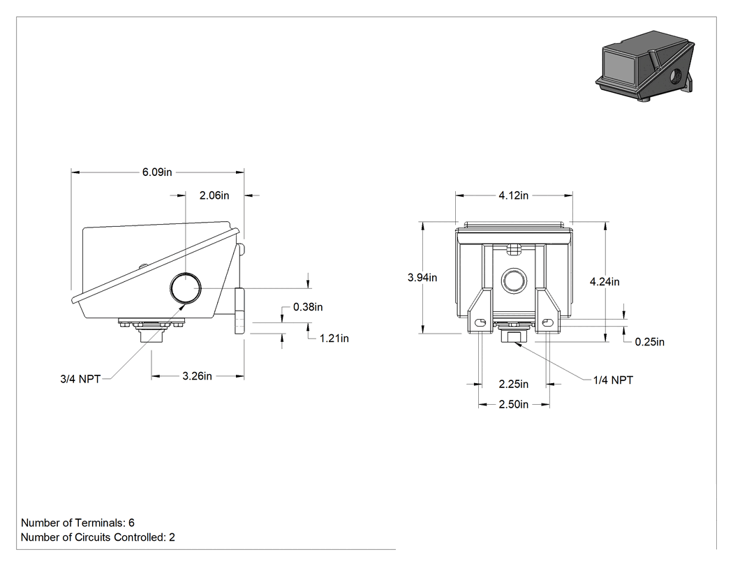 Teknik Çizim - Çift Ayar Noktalı Basınç Şalteri, 3 ila 13 PSI