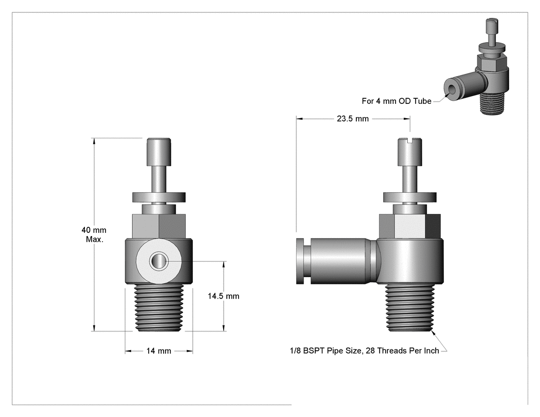Teknik Çizim - Hava Akışı Kontrol Valfi, Dirsek, 4 mm Bas-Bağlan Giriş x 1/8 BSPT Çıkış