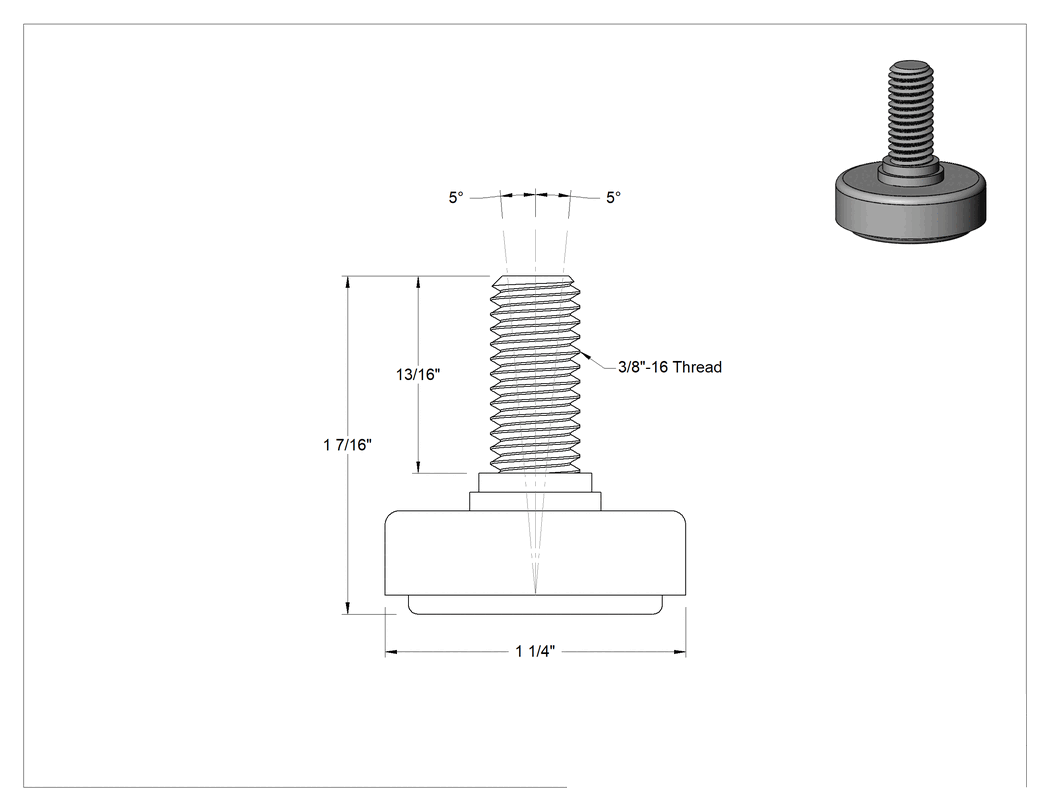 Teknik Çizim - Dişli Saplamalı 303 Paslanmaz Çelik Döner Seviyeleme Montaj Parçası, TPE Yastık, 3/8"-16 Boyut, 13/16" Diş Uzunluğu, 1-1/4" Taban