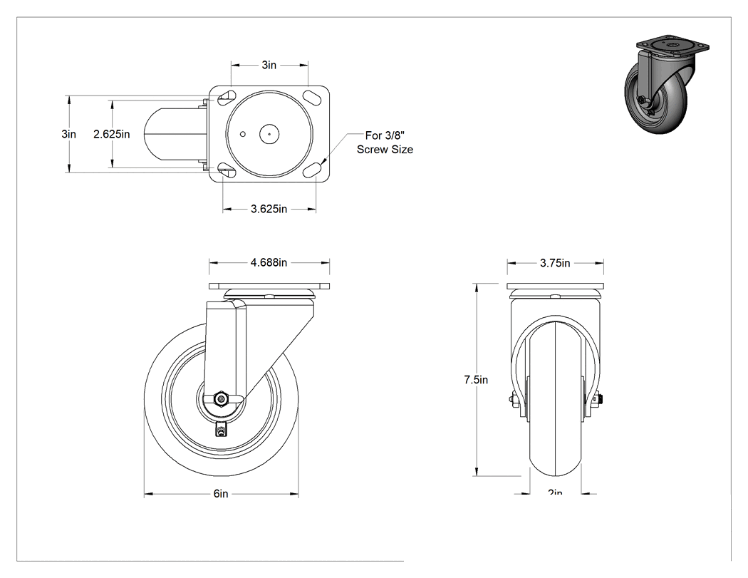 Teknik Çizim - Glide-Light Tekerlek, 6 inç Çapında Bilyalı Rulmanlı Kauçuk Tekerlekli Döner