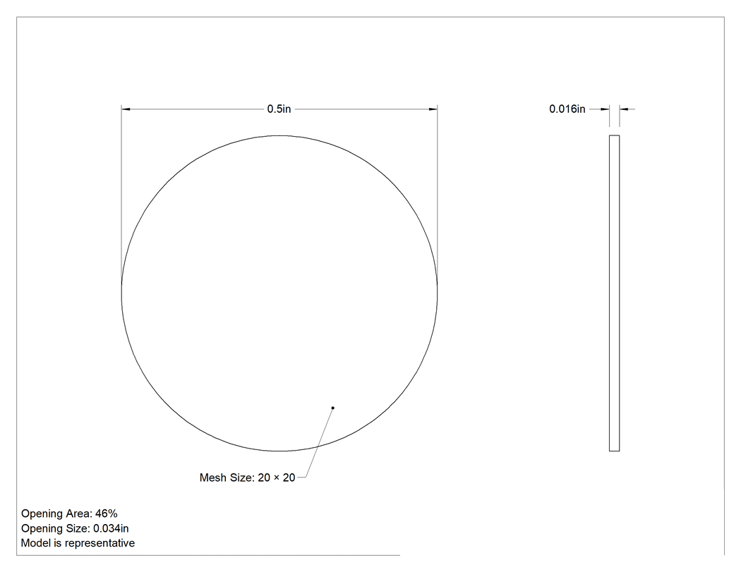 Teknik Çizim - 304 Paslanmaz Çelik Filtre Ağ Diskleri, 1/2" Çap, 20 x 20 Mesh Boyutu