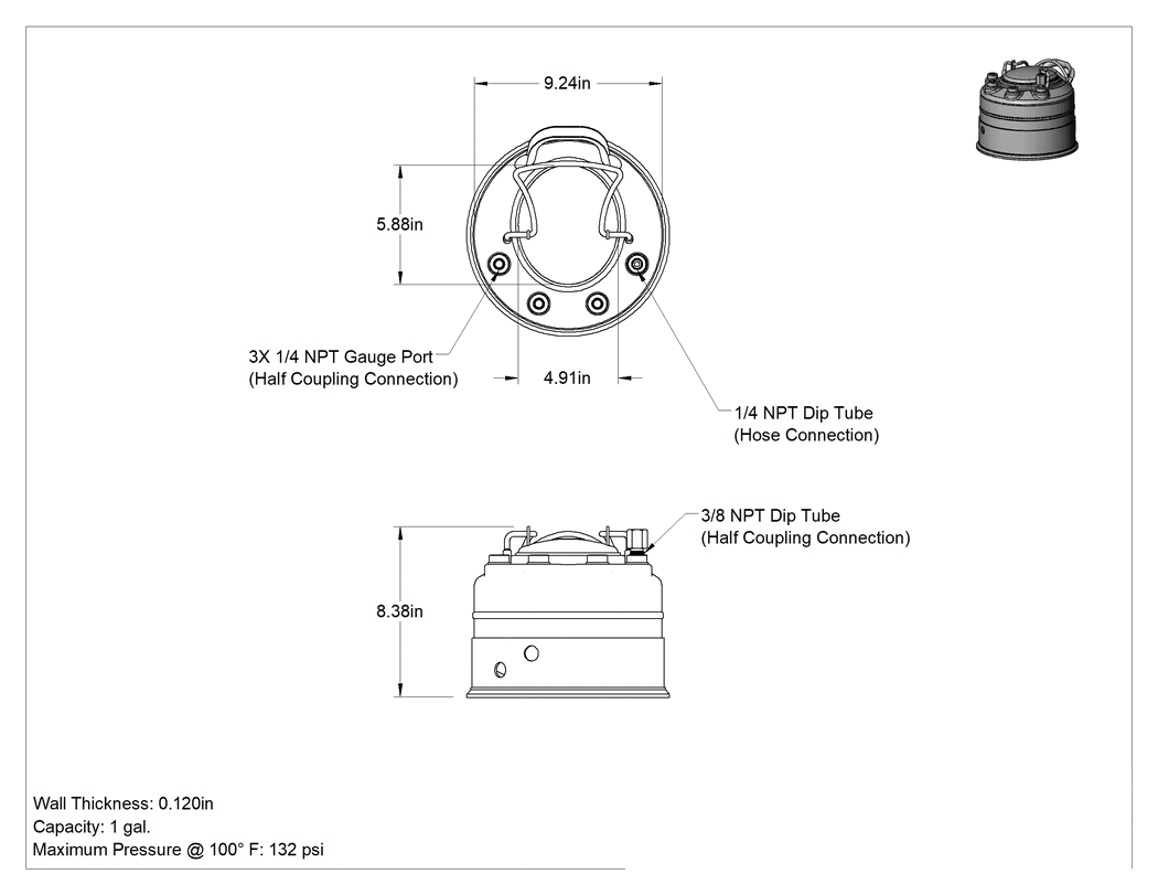Teknik Çizim - Basınçlı Sıvı Dağıtım Tankları, Taşınabilir, 1 Galon Kapasite, Maksimum 132 PSI @ 100°F