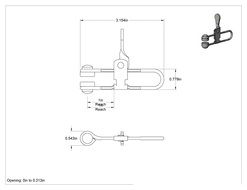 Teknik Çizim - Kilitli Minyatür Yaylı Kelepçe, 0" - 5/16" Açıklık, 1" Uzanma Mesafesi