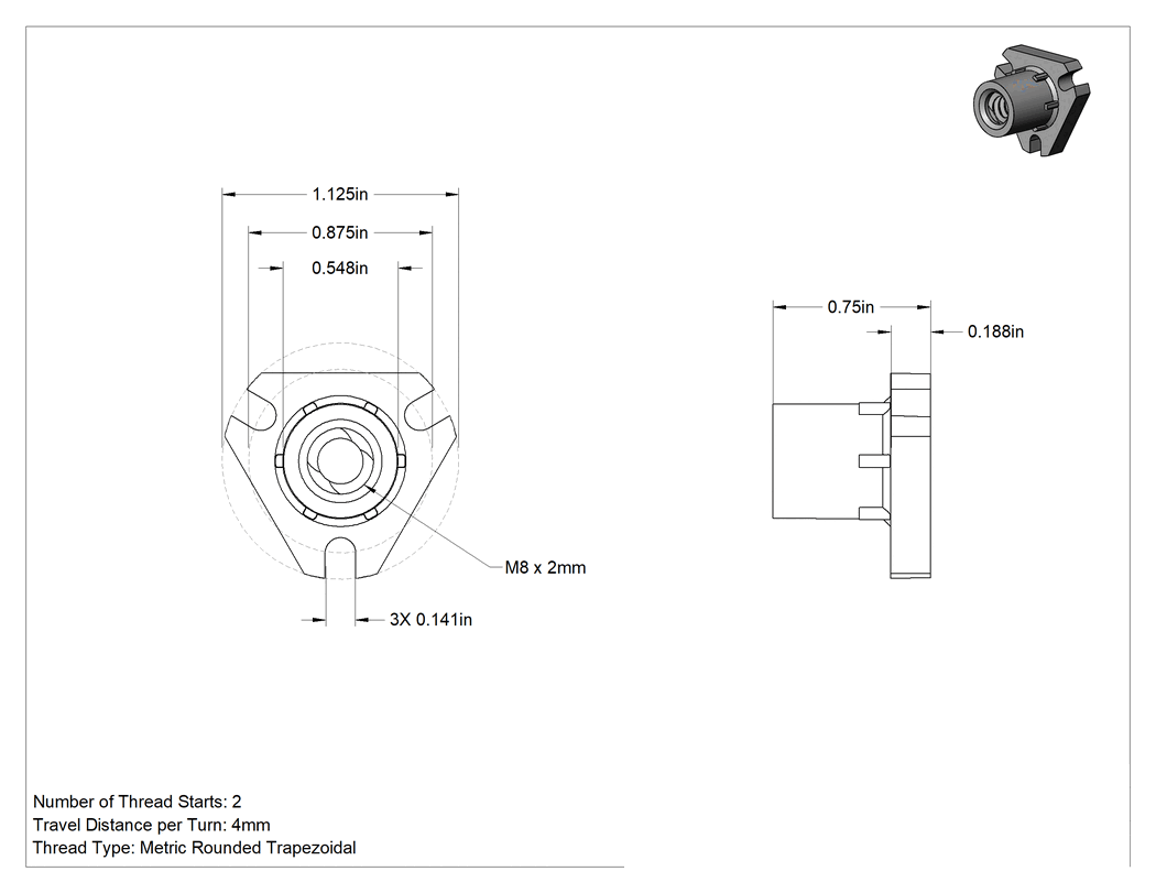Teknik Çizim - Hızlı Hareketli Ultra Hassas Kılavuz Vida için M8 x 2 mm Dişli Flanşlı Somun