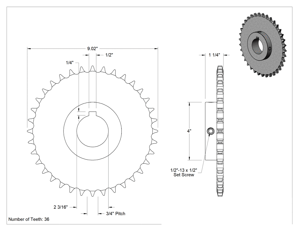 Teknik Çizim - Çelik Tek Sıralı Dişli, ANSI 60 Makaralı Zincir ve 2-3/16" Mil Çapı için, 36 Diş
