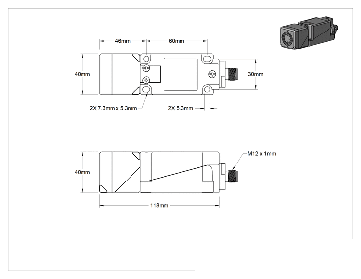 Teknik Çizim - Dönebilen DC Metal Nesne Yakınlık Anahtarı, 4 Kutuplu Mikro M12 Konektörli Çıkıntılı, 118 mm Uzunluk