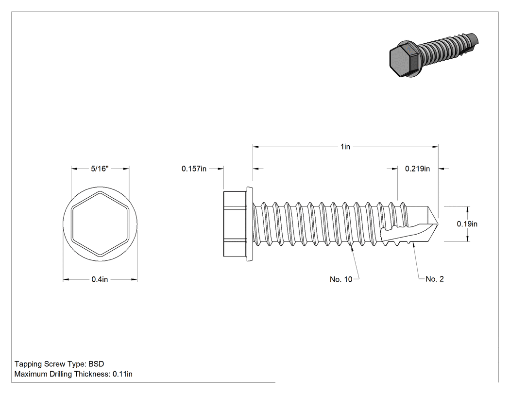Teknik Çizim - 18-8 Paslanmaz Çelik Flanşlı Altıköşe Başlı Delme Vidası, Sertleştirilmiş Çelik 2 Numaralı Uçlu, 10 Numaralı Boyut, 1" Uzunluk