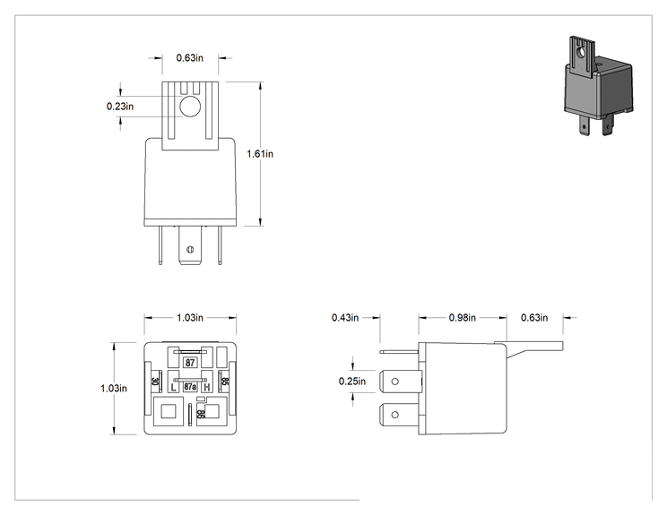 Teknik Çizim - Yüksek Başlangıç Akımı Araç Rölesi, Soket/Yüzeye Montaj, SPST-NO, 4 Terminal, 67mA