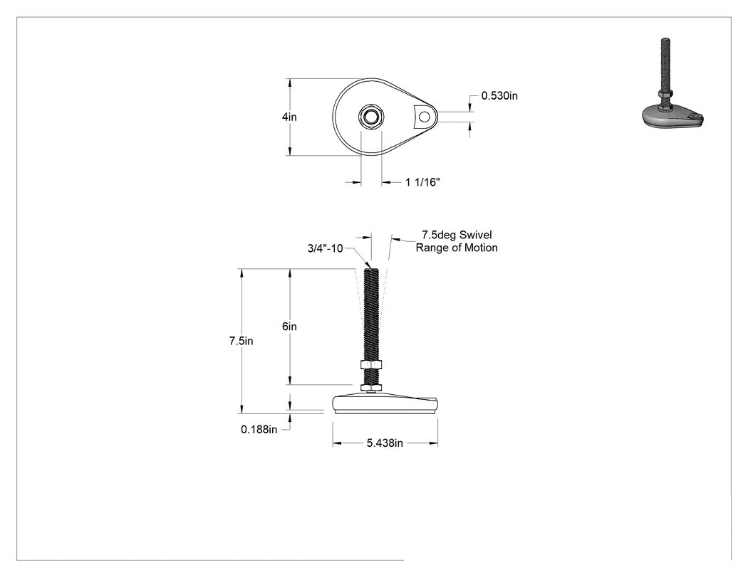 Teknik Çizim - Cam Dolgulu Naylon Sabit Dönen Seviyeleme Montaj Parçası, Yastıklı ve 6" Uzunlukta 3/4"-10 Çinko Kaplamalı Saplamalı, 1 Ofset Delik