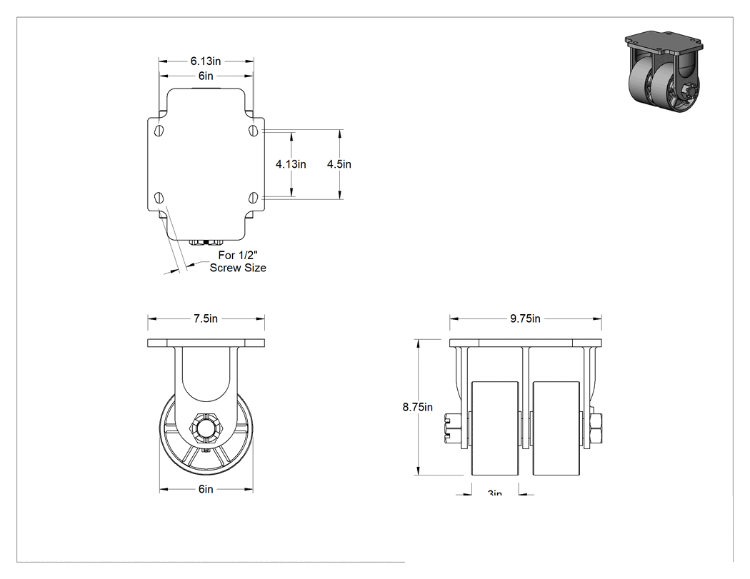 Teknik Çizim - Metal Tekerlekli Ekstra Yüksek Kapasiteli Hercules Tekerler, 6" Çaplı Demir Tekerlekli Sert