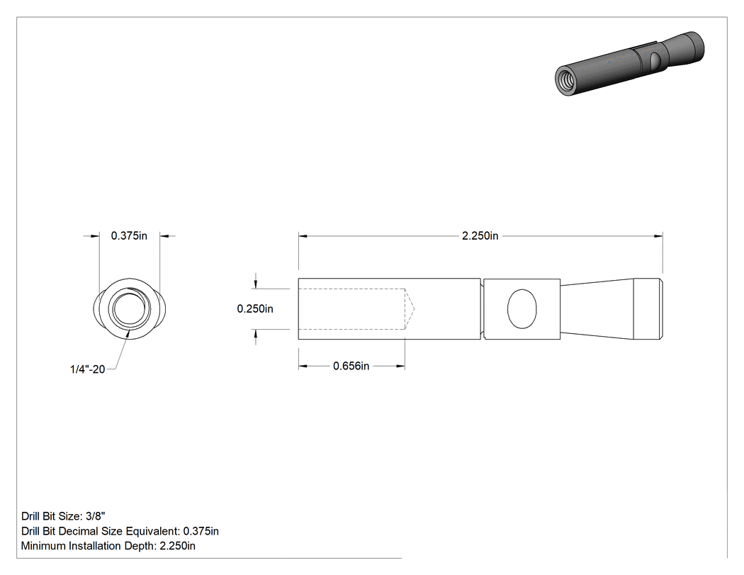 Teknik Çizim - Beton için Quick-Twist Ankrajlar, Kolay Kurulum, 1/4"-20 Diş Boyutu