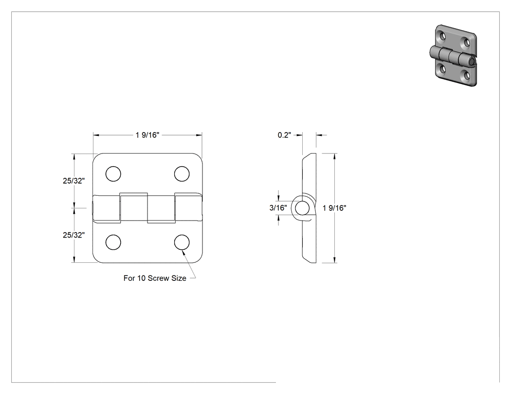 Teknik Çizim - Delikli Yüzeye Montaj Menteşesi, Krom Çinko, Çıkarılamayan Pim, 1-9/16" x 25/32" Kapı Kanadı