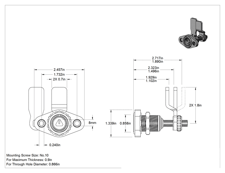 Teknik Çizim - Yüksek Basınçlı Yıkama Üçgen Tahrikli Kam Kilidi, Sıkı Tutuş, 1-3/32" ila 2-11/16" Ayarlanabilir Kilitleme Mesafesi
