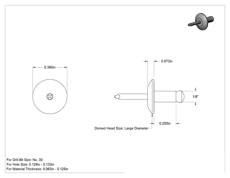 Teknik Çizim - Alüminyum Mandrelli Alüminyum Pop Perçinler, Büyük Çaplı Kubbe Başlı, 1/8" Çap, 0.063"-0.125" Kalınlık için