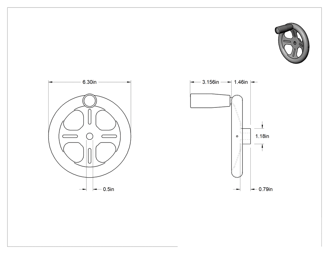 Teknik Çizim - 316 Paslanmaz Çelik Dişsiz Delikli Çarklı El Çarkı, Dönen Saplı Çukur Tekerlek, 6-5/16" Çap