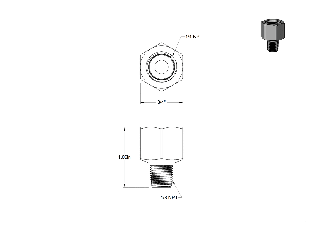 Teknik Çizim - Yüksek Basınçlı Pirinç Boru Bağlantı Elemanı, Redüksiyon Adaptörü, 1/4 NPT Dişi x 1/8 NPT Erkek