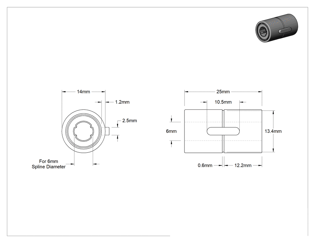 Teknik Çizim - 6 mm Çaplı Çelik Bilyalı Yiv için Paslanmaz Çelik Lineer Bilyalı Rulman