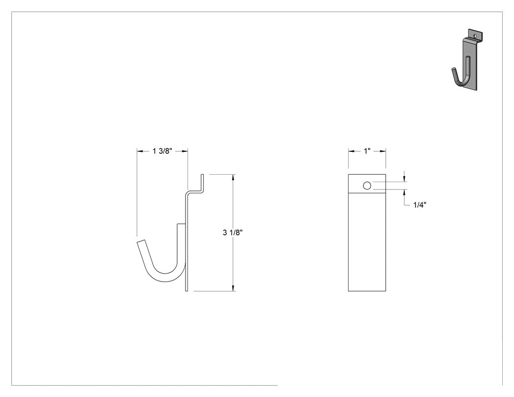 Teknik Çizim - Slatwall Kancası, 1-3/8" Çıkıntı, Krom Kaplı Çelik