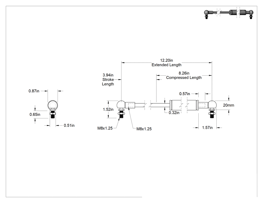 Teknik Çizim - Değişken Ayarlı Doğrusal Hız Sınırlayıcı, Uzatma, 3.9 inç strok uzunluğu, 12.2" Uzatılmış Uzunluk