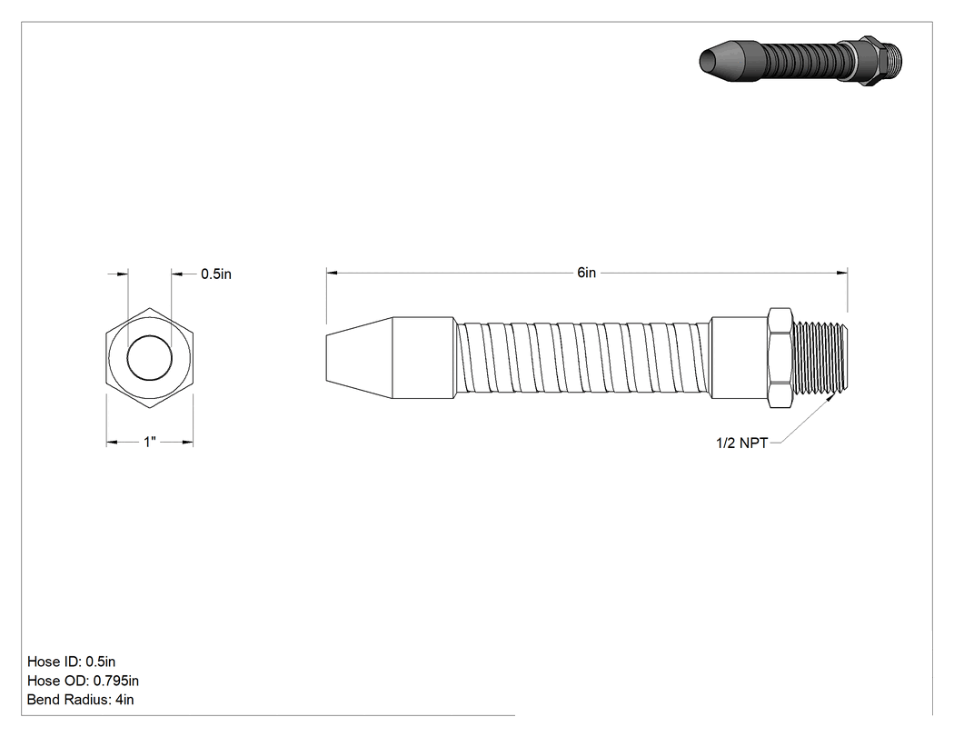 Teknik Çizim - Bükülebilir ve Soğuk Kalabilen Soğutma Suyu Hortumu, 1/2 NPT Erkek, 6 inç Uzunluk