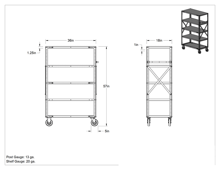 Teknik Çizim - Çıkıntılı Raf, 5 Raflı Açık, 36 inç Genişlik x 57 inç Yükseklik x 18 inç Derinlik