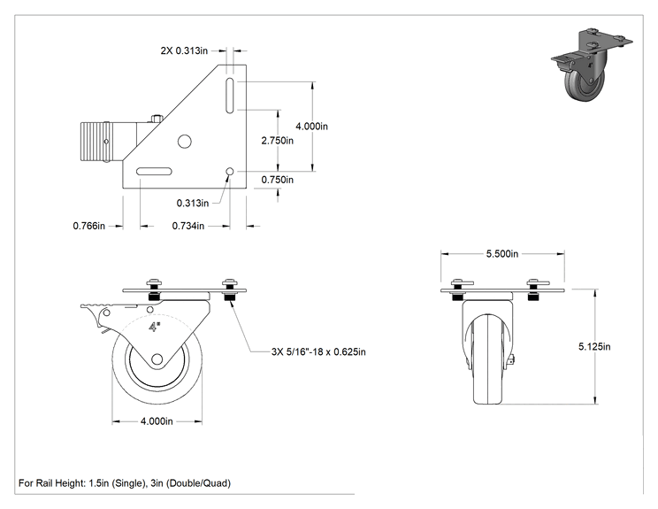 Teknik Çizim - T-Yivli Çerçeve Tekerleği, Köşe Montajı, Döner, Plaka Montajı, 1-1/2" Yüksekliğinde Tek Ray için