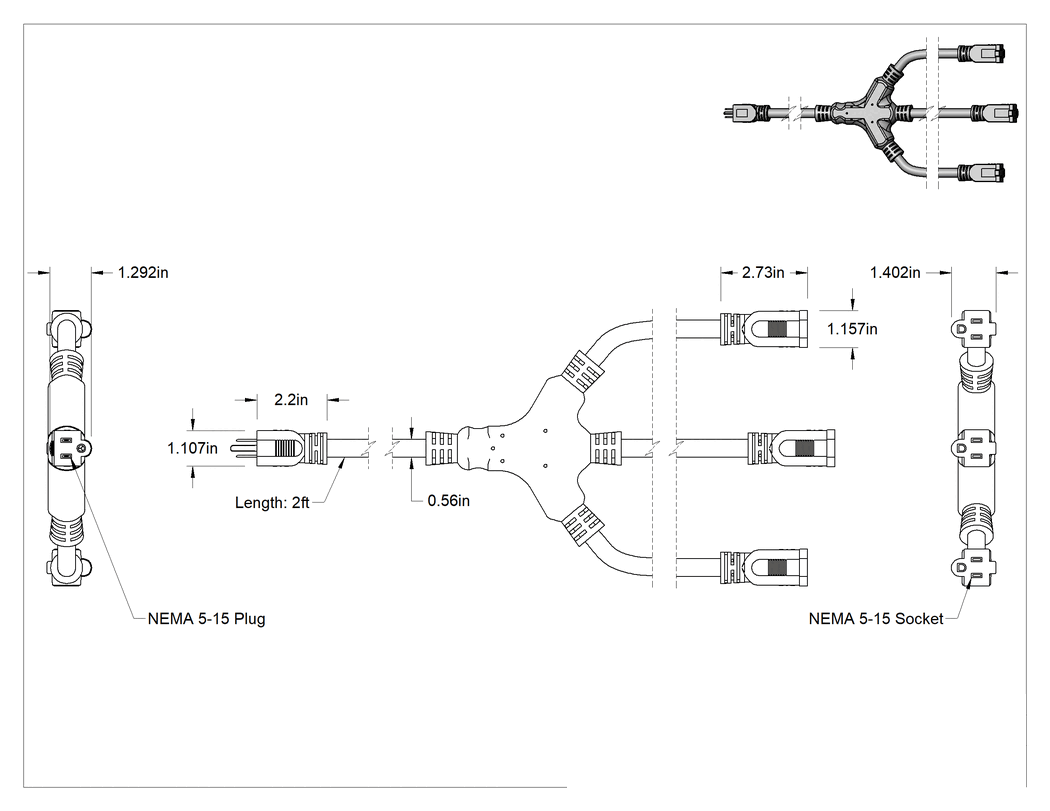 Teknik Çizim - Elektrik Kablosu Adaptörü, 3 Çıkışlı, NEMA 5-15 Fiş x NEMA 5-15 Priz, 2 ft Uzunluk