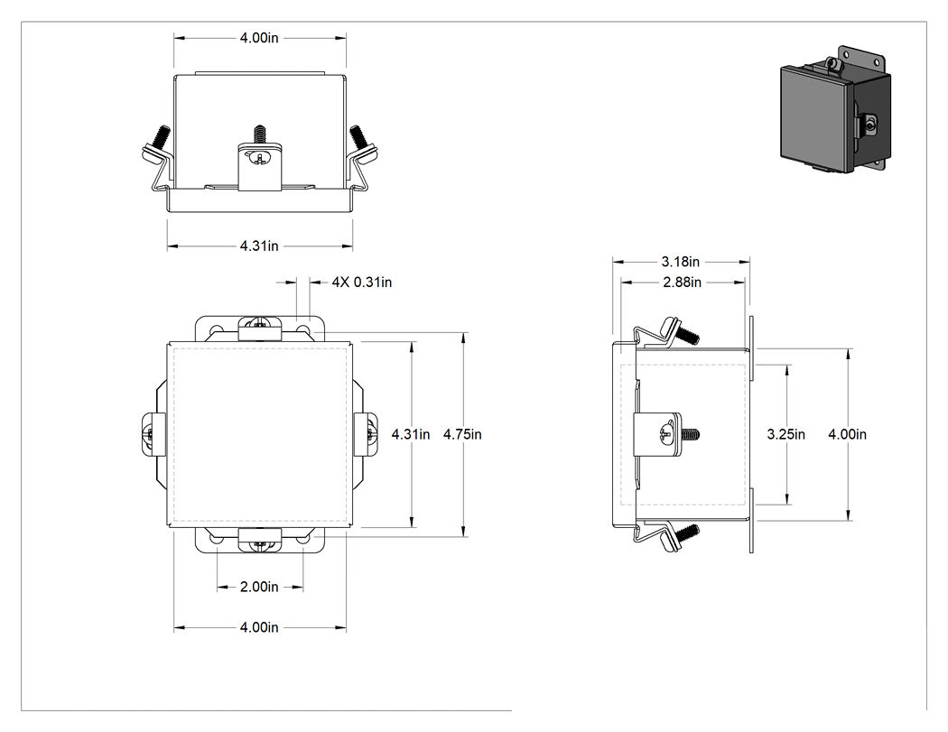 Teknik Çizim - Toz Boyalı Çelik Su Geçirmez Muhafaza, Kaldırılabilir Kapak ve Vidalı Kelepçeli, 4" x 4" x 3"