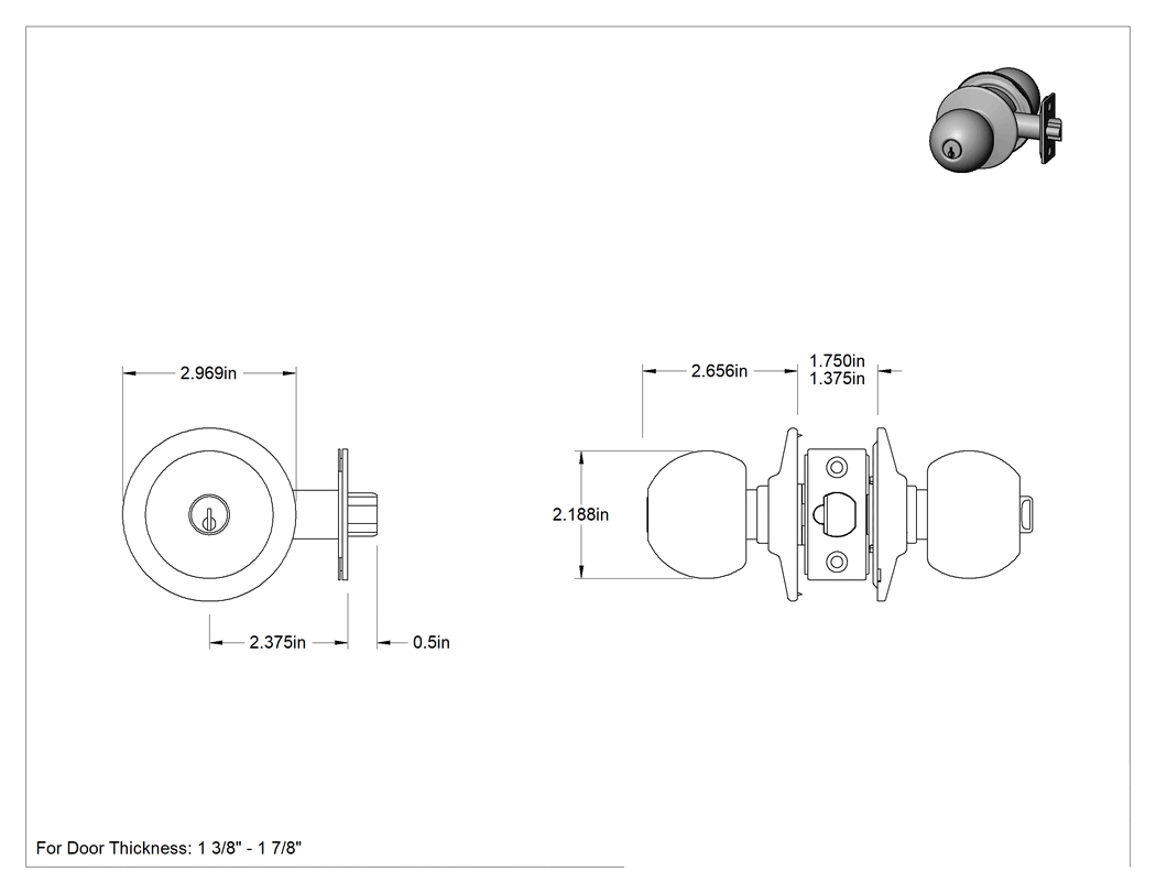 Teknik Çizim - Kapı Topuzu, Anahtar/Düğme Kilidi, Aynı Anahtarlı, 2-3/8" Boğaz Mesafesi, Krom