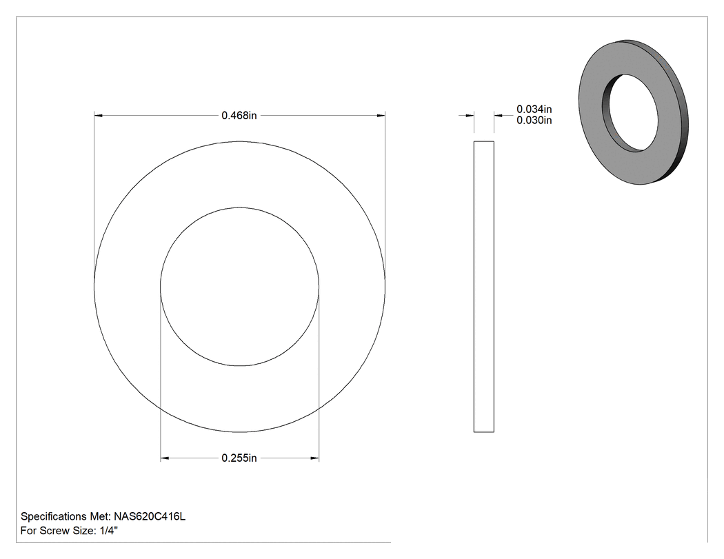 Teknik Çizim - 18-8 Paslanmaz Çelik Mil. Spesifikasyonlu Pul, 1/4" Vida Boyutu için, 0.255" İç Çap, 0.468" Dış Çap, NAS620C416L