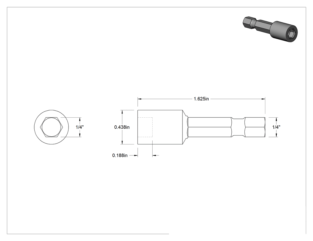 Teknik Çizim - Bağlantı Elemanı Tutucu Somun Anahtarı Ucu, Manyetik Olmayan, 1/4" Altıgen Boyutu