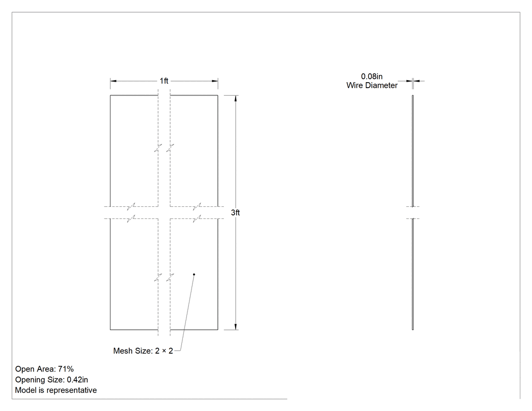 Teknik Çizim - 316 Paslanmaz Çelik Filtre Ağı, 3 Fit Genişlik, 2 x 2 Örgü Boyutu, 0.42" Açıklık Boyutu, 1 Fit Uzunluğunda