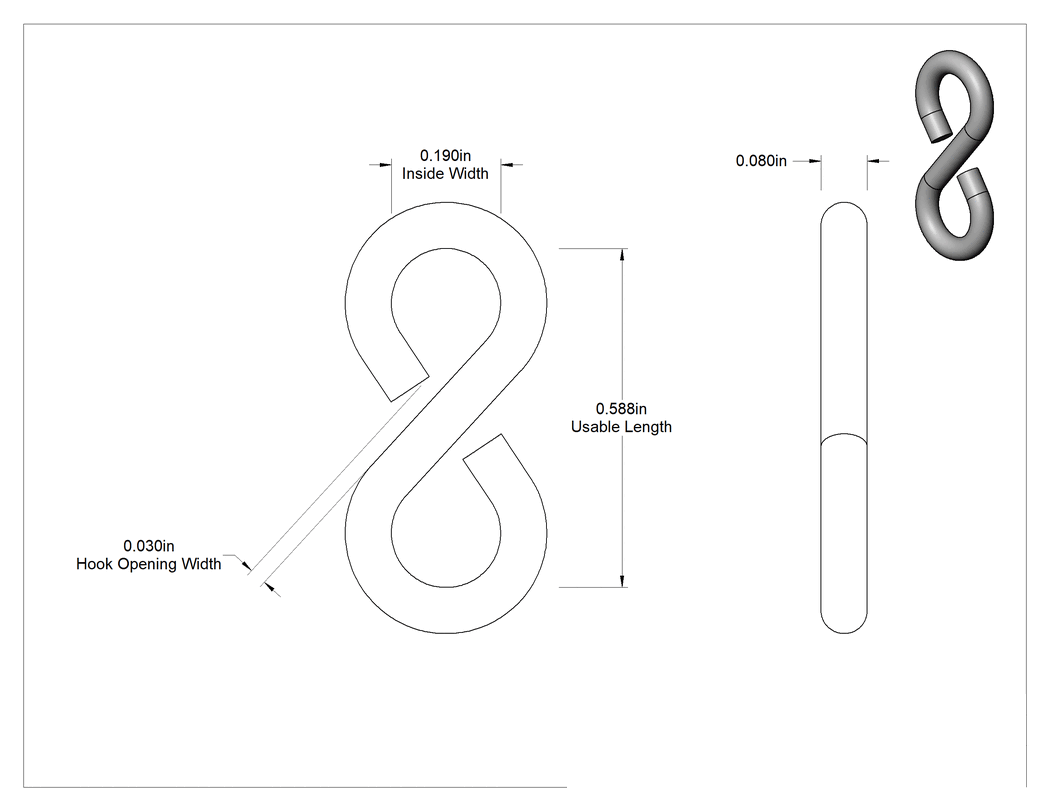 Teknik Çizim - Kapalı Uçlu S-Kancalar - Kaldırma Amaçlı Değildir, 18-8 Paslanmaz Çelik, Derecelendirilmemiş, 1/16" Kalınlık