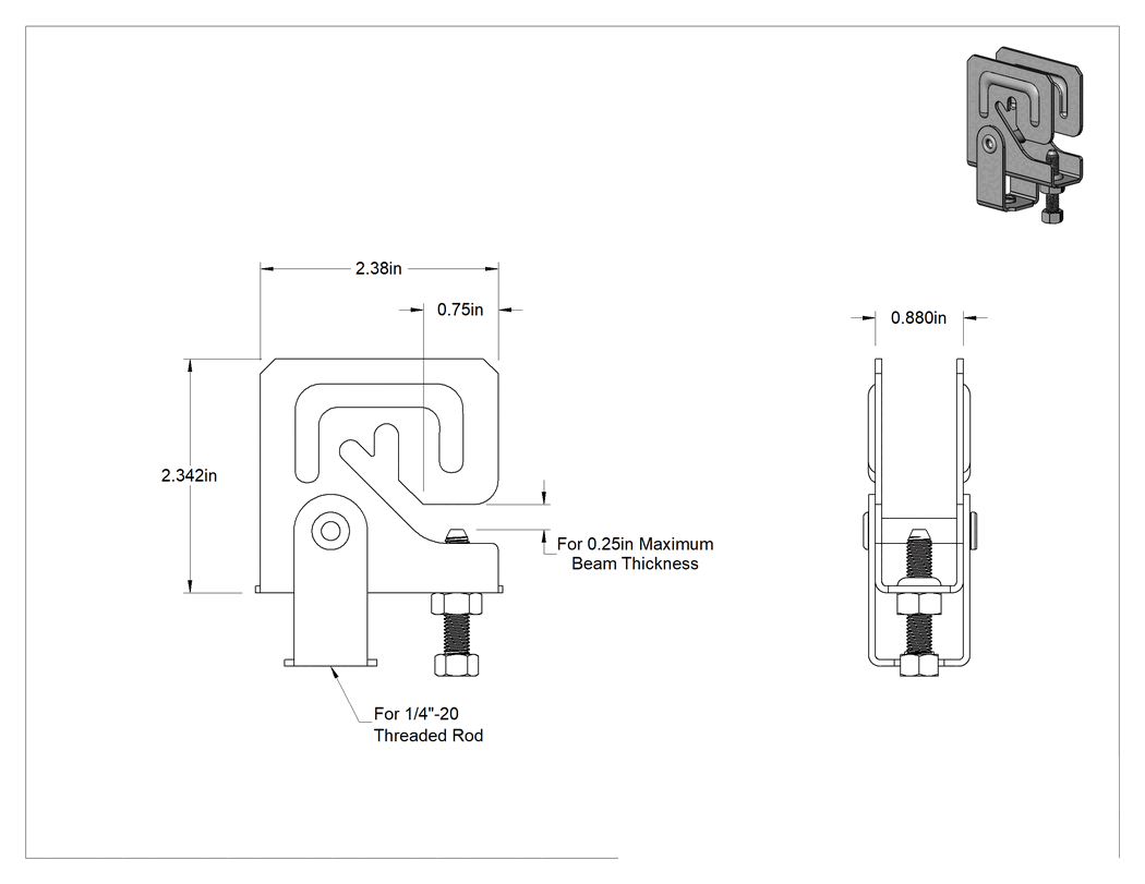Teknik Çizim - Gijonlar için Eğimli Kiriş Kelepçeleri, Alttan Montaj, Açılı Kiriş için, 1/4"-20 Diş Boyutu için