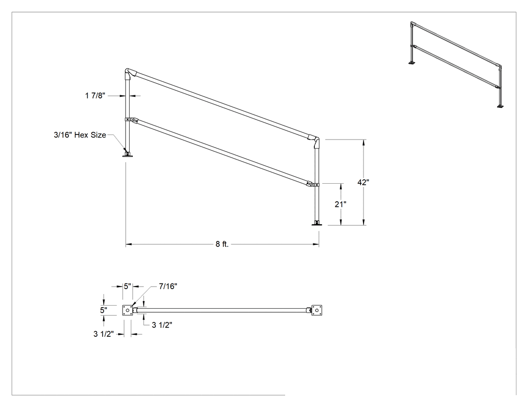 Teknik Çizim - Güvenlik Korkuluğu, Toz Boyalı Çelik, Eğimli, 8 ft Uzunluk