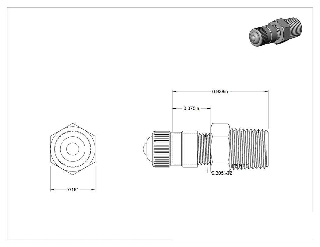 Teknik Çizim - Hava Doldurma Vanası, Nikel Kaplı Pirinç, NPT x 3/8" Uzunluğunda Schrader, 4000 PSI