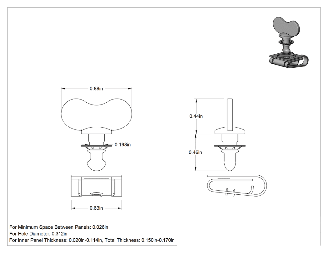 Teknik Çizim - Çinko Kaplı Çelik Çeyrek Dönüşlü Sabit Panel Vidası, Klipsli Somunlu, Kanat Başlığı, 0.02"-0.114" iç kalınlık için