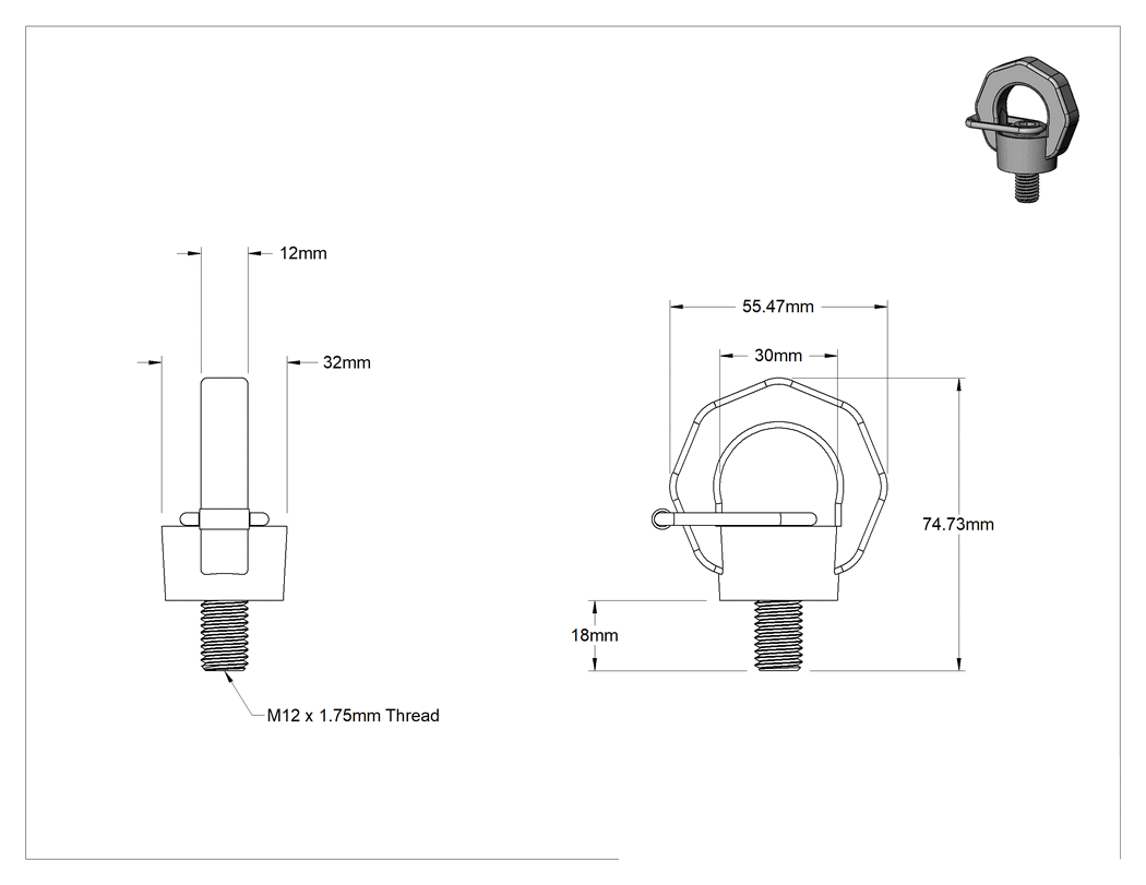 Teknik Çizim - Dönen Halka Cıvata - Kaldırma Amaçlı, Paslanmaz Çelik, M12 x 1.75 mm Dişli Boyutu