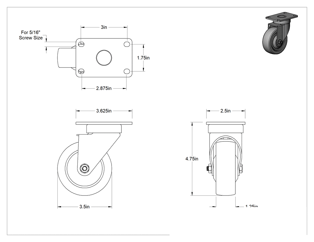 Teknik Çizim - Creston Tekerlek, 3-1/2" Çaplı 80A Durometre Kauçuk Tekerlekli Döner Ayak