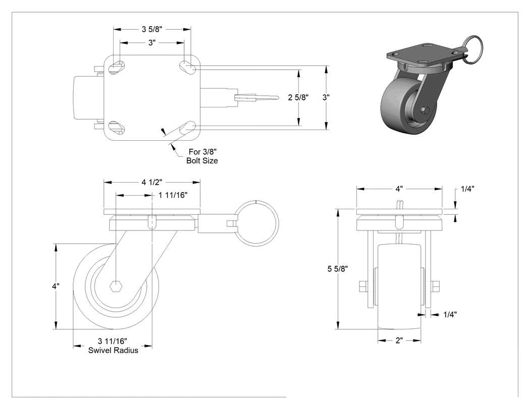 Teknik Çizim - 4-1/2" x 4" Montaj Plakalı Samson Tekerlek, Döner Kilitli ve 4 inç Çapında Siyah Kauçuk Tekerlekli Döner, Açık Rulman